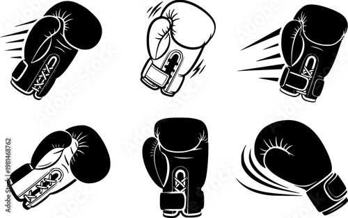 Collection of six stylized black boxing glove icons on a white background, representing combat sports and fitness.
