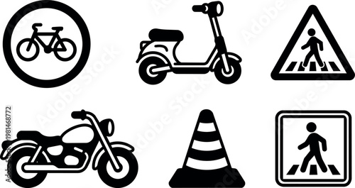 Black and white line art collection of bicycle scooter motorcycle traffic cone and pedestrian crossing signs