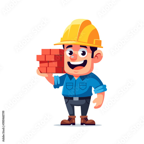 Cartoon Construction Worker Mascot Holding Red Bricks Wearing Yellow Hard Hat Illustration