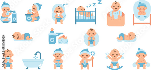 Baby Daily Routine Icon Set with Sleeping Bathing Feeding Playing and Hygiene Activities Cute Infant Cartoon Illustration Collection