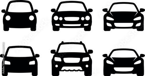 Black silhouette front view different car models vector art collection