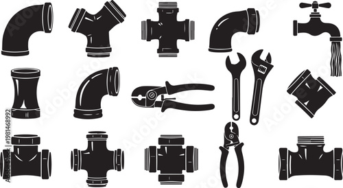 Plumbing tools and pipes in black and white icons