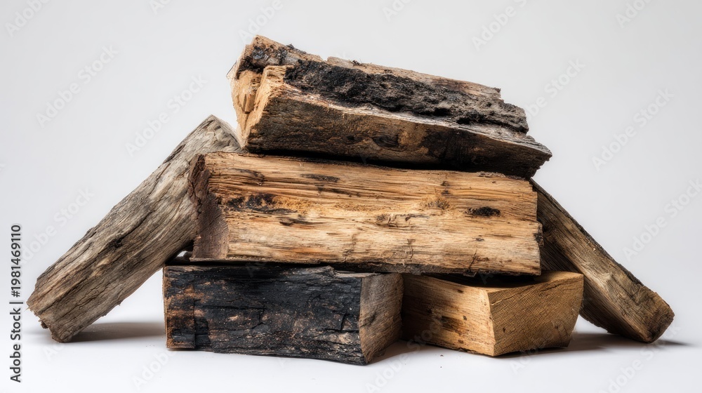 Fototapeta premium Stack of rough-cut timber pieces rests against a plain background.