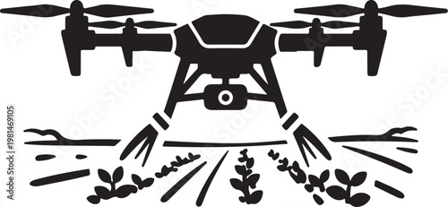 Drone flying over field with plants and soil below