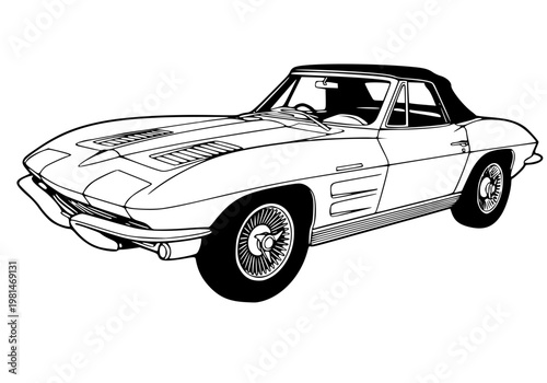Classic Vintage Sports Car Convertible Illustration Retro Muscle Car Line Art