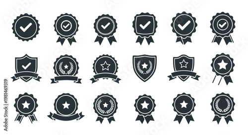 A set of black and white vector graphic icons featuring various award ribbons and badges with checkmarks, stars, and shields on a white background.