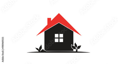 A simple vector graphic of a house with a red roof and black body