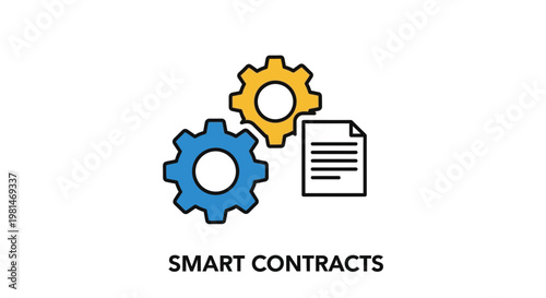 A vector graphic illustration of smart contracts with gears and a document
