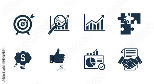 A set of business icons representing finance, growth, and partnership in a flat, minimalist design style