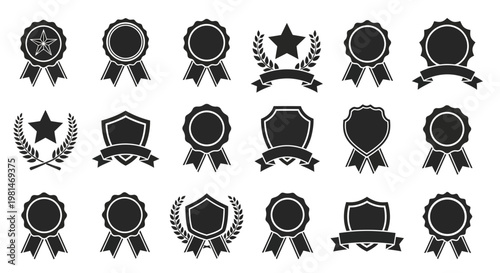 A collection of black and white award badges and ribbons in a vector graphic design