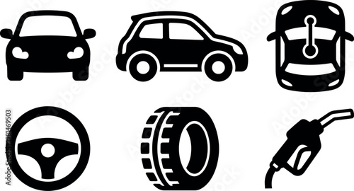 Black and white car icons with steering wheel tire and fuel pump
