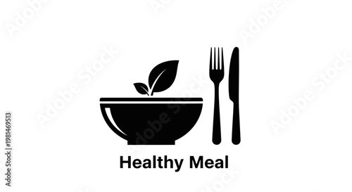 A minimalist vector graphic illustration of a healthy meal icon with a bowl, fork, knife, and leaf
