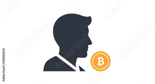 A minimalist vector graphic of a man's silhouette with a Bitcoin symbol