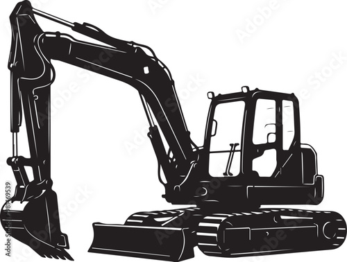 Black excavator machine with long arm and bucket illustration
