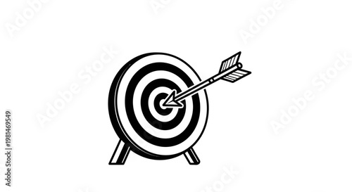 A black and white vector graphic of a target with an arrow hitting the bullseye, symbolizing accuracy and success.