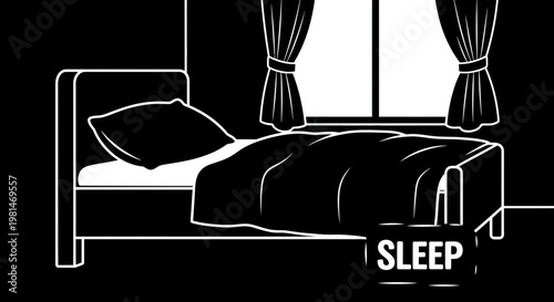 A minimalist vector graphic illustration of a bed with a pillow and blanket in a simple line art style
