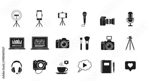 A collection of black and white vector icons representing various media and creative tools