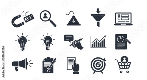 A set of black and white vector icons representing business and marketing concepts