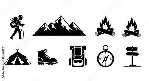 A set of black and white vector icons depicting camping and hiking symbols