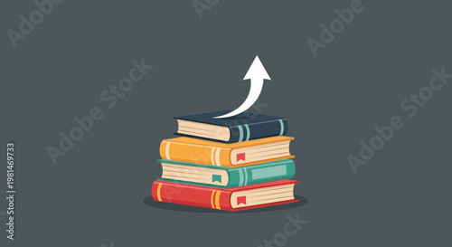 A colorful stack of books with an upward arrow on a dark gray background