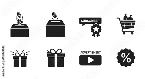A set of black and white vector icons representing various e-commerce and online shopping concepts