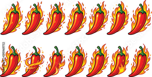Set of Spicy Chili Pepper Icons with Flames in Various Poses and Styles for Hot Food and Cooking Designs
