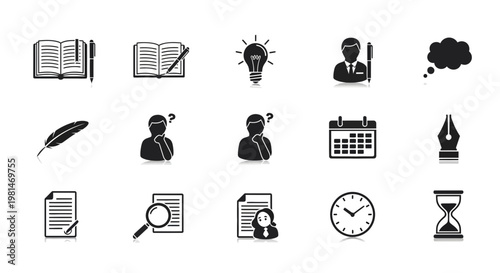 A set of black and white vector icons representing business and education concepts
