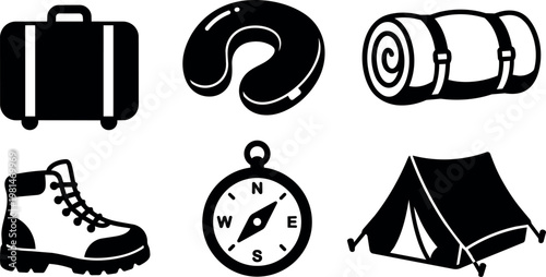 Black camping gear icons including suitcase boot compass tent and sleeping bag