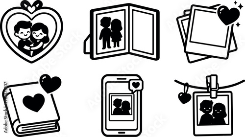 Black and white vector icons of couple photos and love symbols in various frames and devices