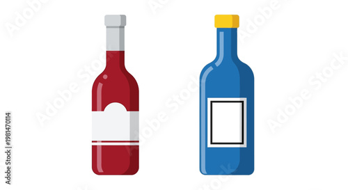Two Bottles of Wine, Red and Blue, with Blank Labels on White Background