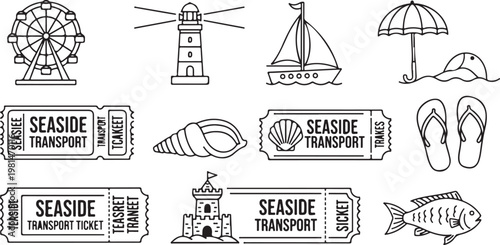 Seaside transport ticket and vintage travel illustrations Vector