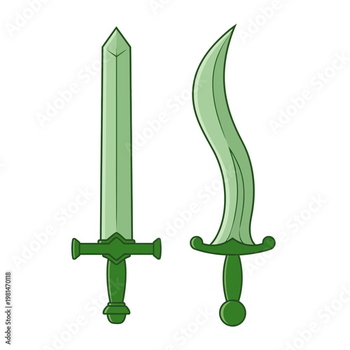 Two Green Swords, Straight and Curved, Isolated on White Background