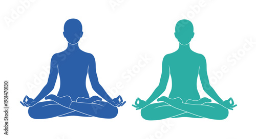 Two Silhouettes Meditating in Lotus Pose, Blue and Teal