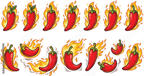 Collection of Fiery Chili Pepper Icons with Flames in Various Poses for Hot Sauce and Spicy Food Designs.eps