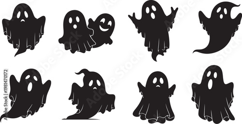 Collection of spooky black ghost silhouettes on white background