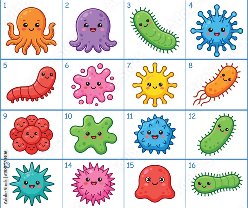 Colorful Cartoon Microorganism Icons Set Featuring Cute Bacteria, Viruses, Germs, and Other Tiny Creatures for Fun and Educational Designs