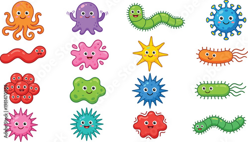 Cute Cartoon Microorganism Set Featuring Bacteria, Viruses, Germs, and Other Tiny Creatures for Educational and Fun Designs
