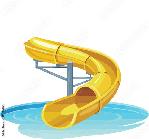 Bright yellow spiral water slide cartoon vector illustration for summer aquapark fun, outdoor swimming pool activities, and recreation park designs.