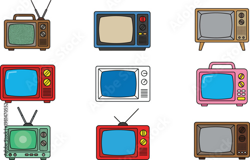 Set of Retro Vintage Television Icons in Different Styles and Colors, Perfect for Media, Technology, and Nostalgia Designs