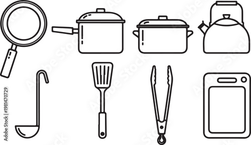 A collection of kitchen utensils and cooking tools in simple black and white illustration Vector