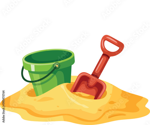 Digital illustration of a green plastic bucket filled with sand and a red shovel for summer beach vacation and children's outdoor play concepts.