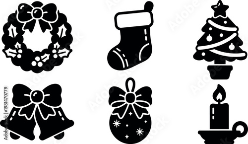 Black and white christmas icons with wreath stocking tree bells ornament and candle