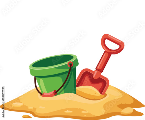 Digital illustration of a green plastic bucket filled with sand and a red shovel for summer beach vacation and children's outdoor play concepts.