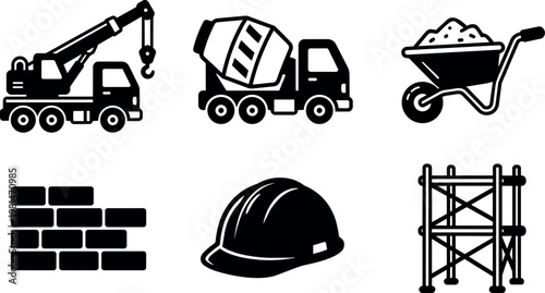 Black construction equipment and tools vector icons including crane truck cement mixer wheelbarrow bricks helmet and scaffolding