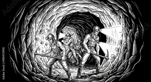 Explorers venturing into a dark mysterious cave with lanterns.