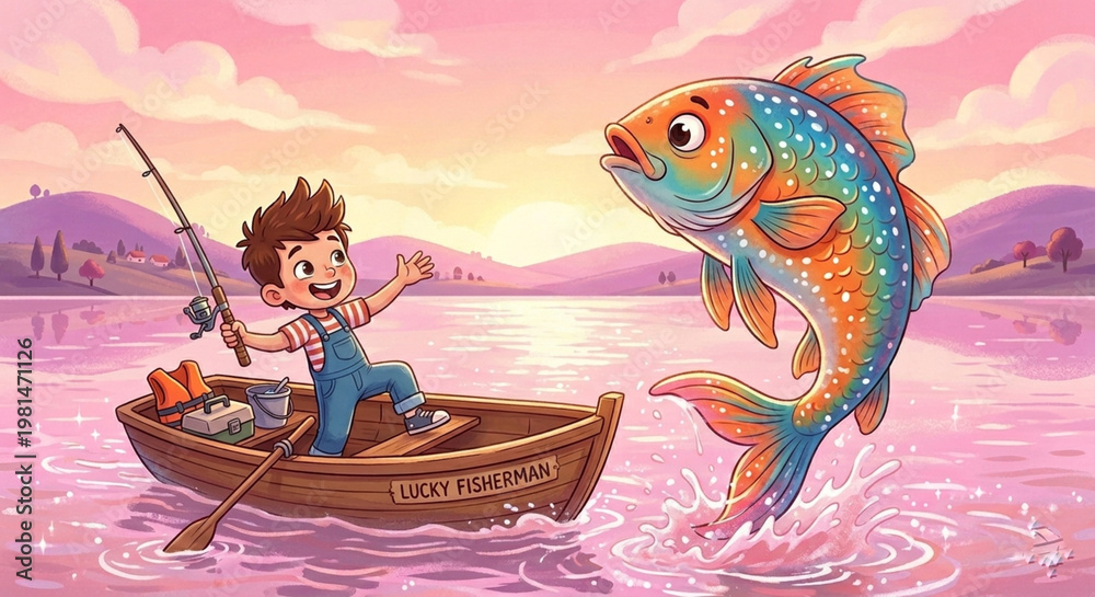 Naklejka premium Cute Boy Catching a Giant Colorful Fish in Small Boat: Cartoon Illustration of a Lucky Fisherman at Sunset Lake. 