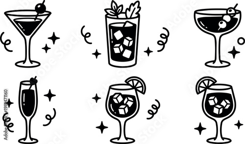 Six different cocktail glasses with garnishes and ice cubes