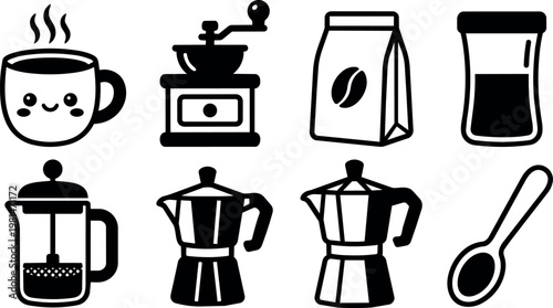 Black and white coffee cup grinder moka pot and spoon vector art