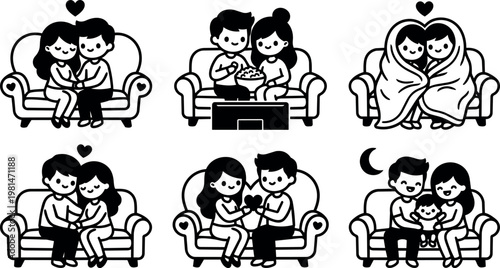 Black and white couple and family sitting on couch with hearts and blanket vector art