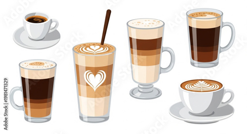 Collection of various coffee drinks and espresso cups.